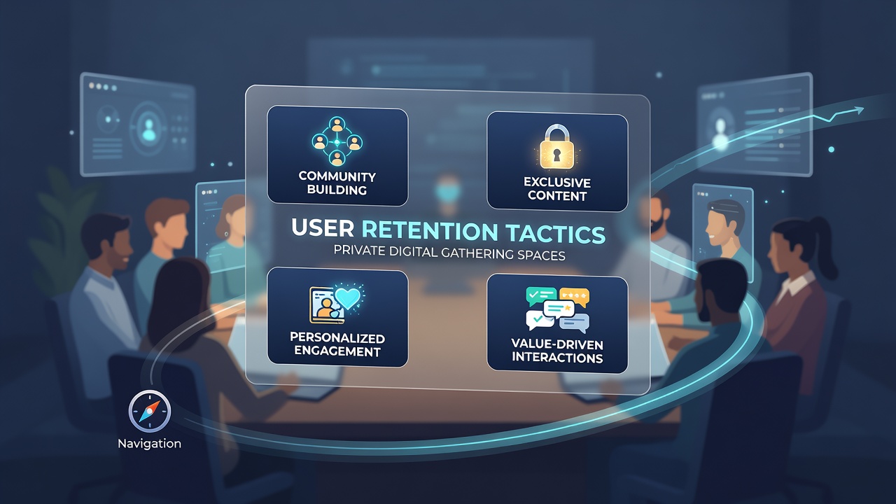 Screenshot-style image showing engagement analytics dashboard for a private digital community with retention metrics and user activity graphs