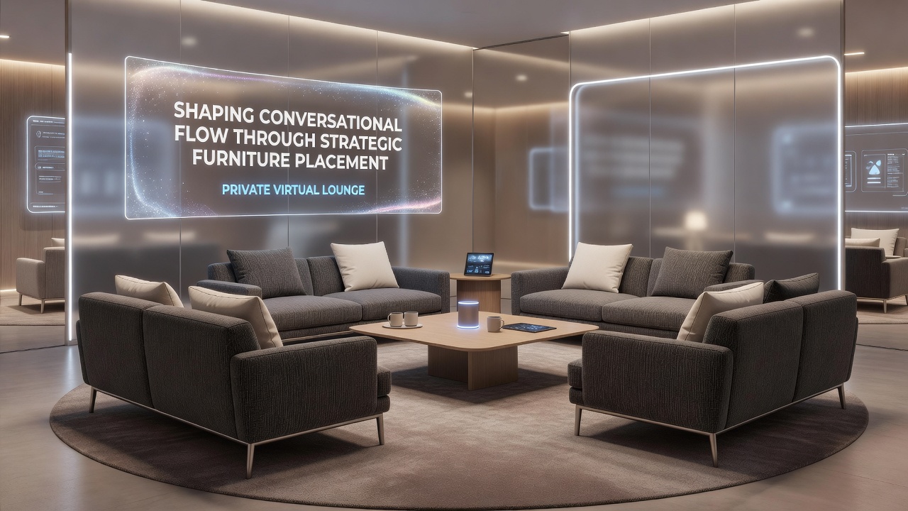 Virtual lounge interior with modular seating arranged to direct conversational pathways between small groups