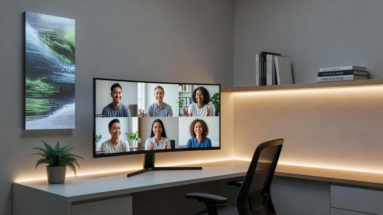 Participants engaging actively in a virtually designed secluded meeting room with ambient cues